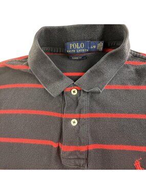Polo Ralph Lauren Polo Shirt Men Large Black Red Striped Pony Logo Cotton Preppy
